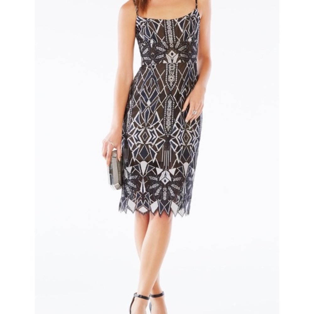 BCBGMAXAZRIA Alese Art Deco Lace Sheath Dress